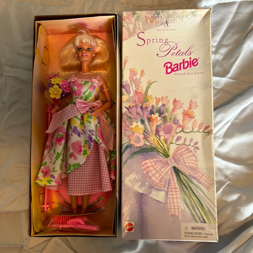 New in box spring petals blonde Barbie. Shoes and brush still in bag.